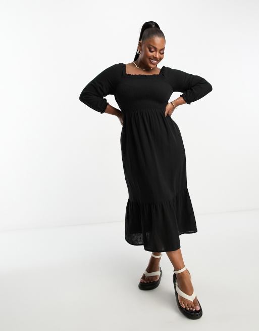 Simply Be - Gesmokte midi-jurk met lange mouwen in zwart
