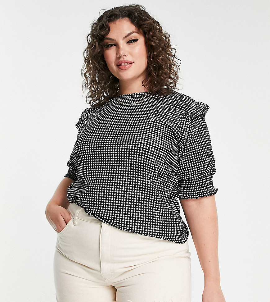 Plus-size top by Simply Be Waist-up dressing Gingham print Crew neck Frill detail Regular fit