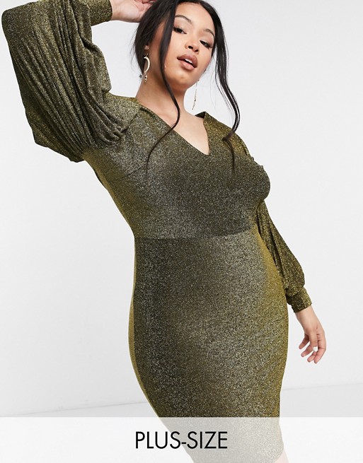Simply Be glitter knitted bodycon dress with pleated sleeve in gold
