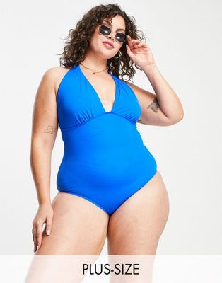Simply Be halter neck swimsuit in bright blue