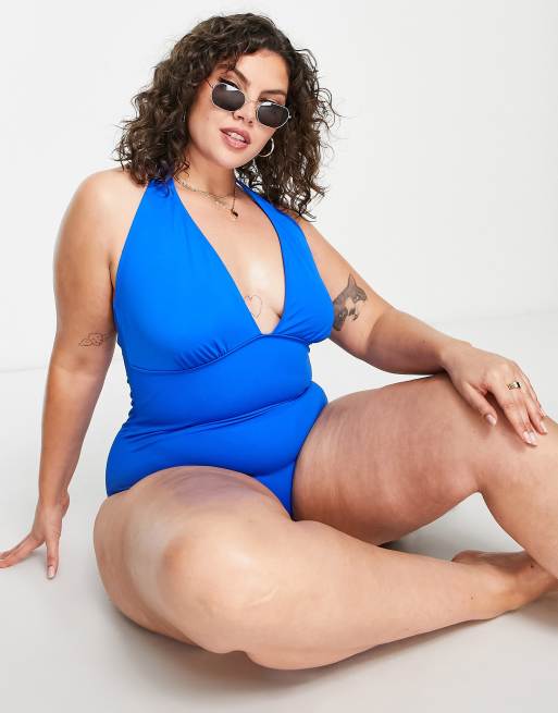 Simply Be halter neck swimsuit in bright blue ASOS