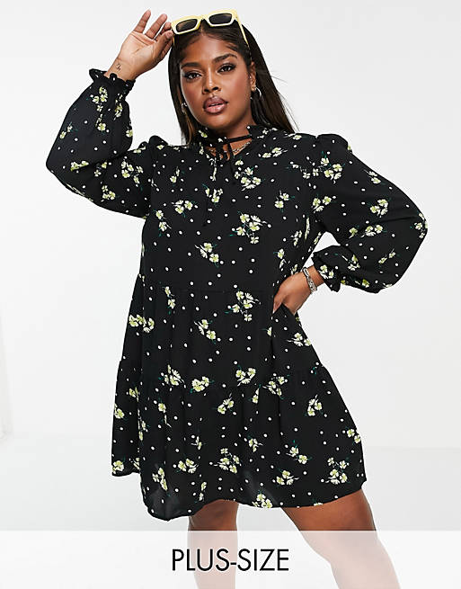 Simply Be high neck tiered smock dress in black floral print