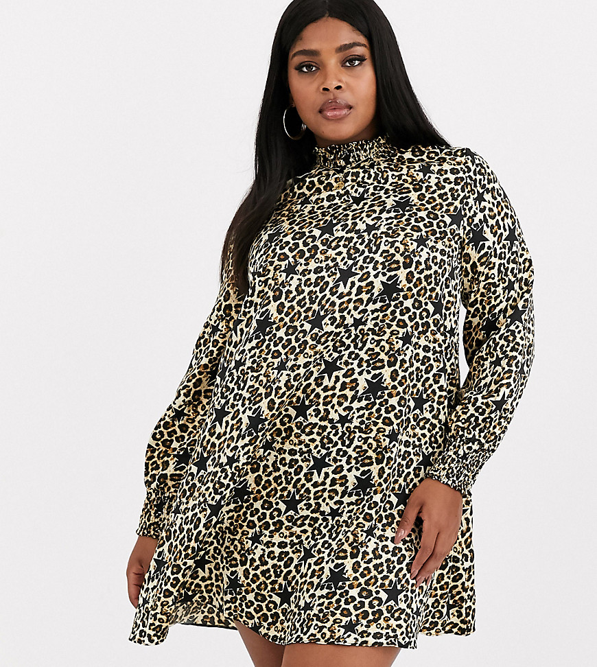 Simply Be - Hoogsluitende jurk met luipaardprint en sterrenprint-Multi