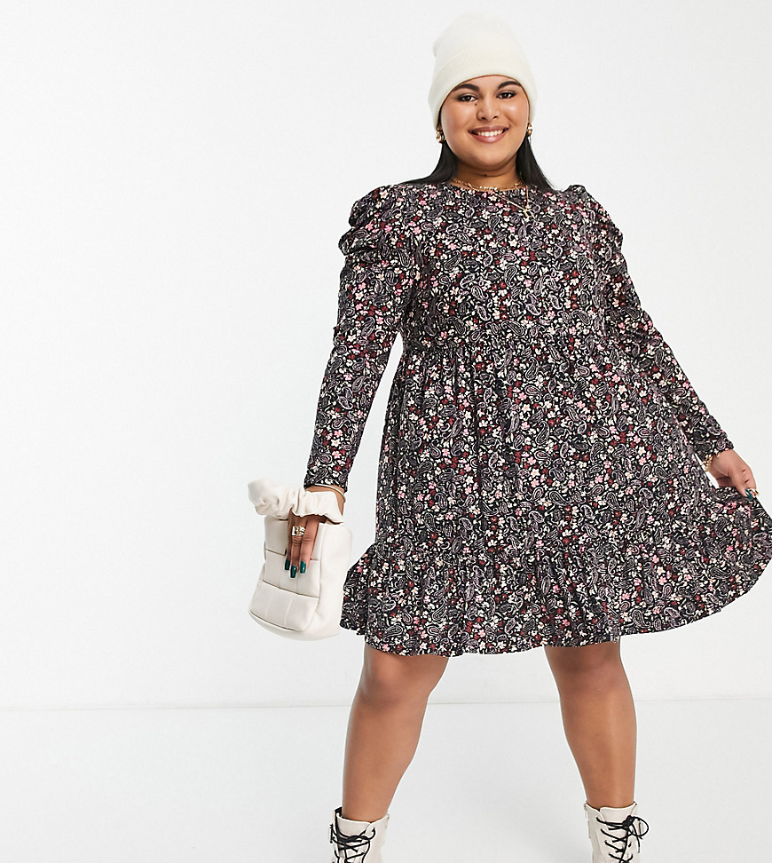 Simply Be jersey tiered smock mini dress in paisley print-Multi