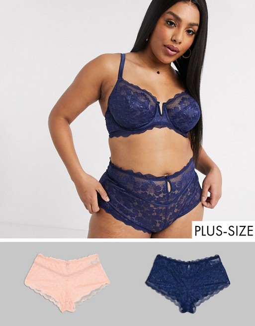 Simply Be Katie 2 pack lace brief in navy and blush