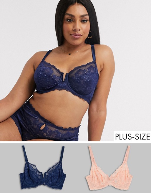 Simply Be katie lace padded multiway bra 2 pack in blush and navy
