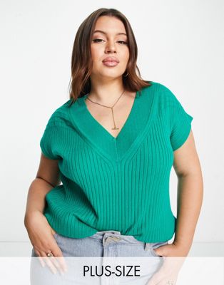 Simply Be knitted v-neck vest in green