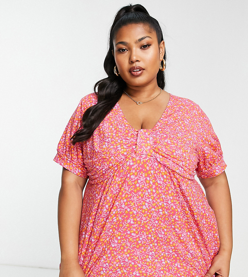 Simply Be Knot Front Puff Sleeve Top In Pink Floral-black