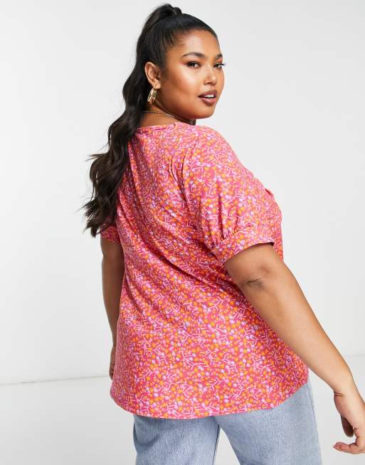 Simply Be knot front puff sleeve top in pink floral