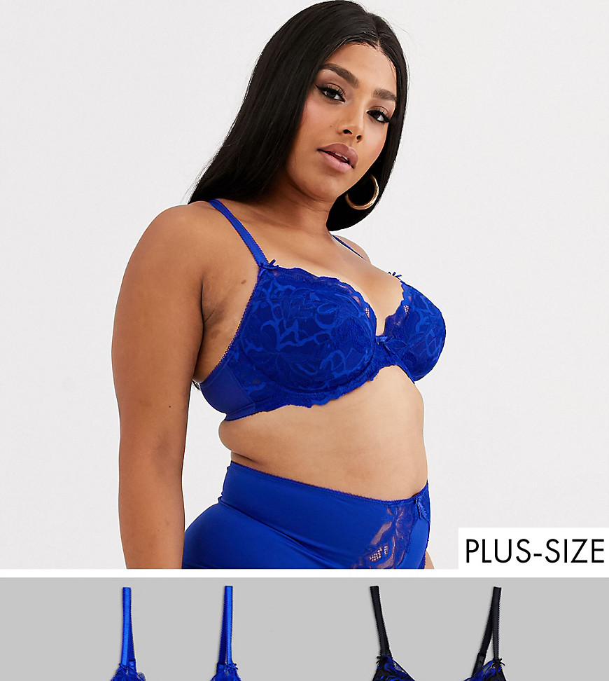 Simply Be lace 2 pack plunge bras in black and cobalt-Multi