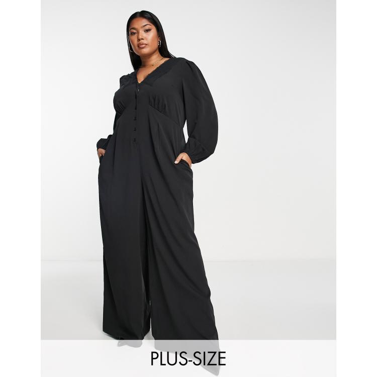 River Island wide leg puff sleeve satin jumpsuit in black