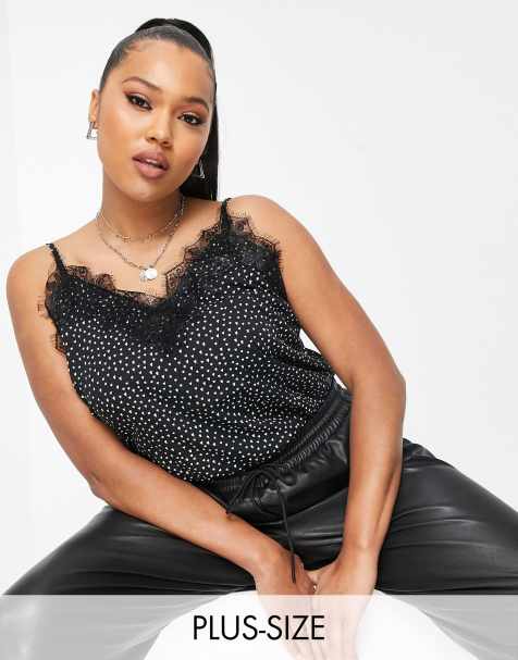 Simply Be lace trim cami top in black heart print - view 1