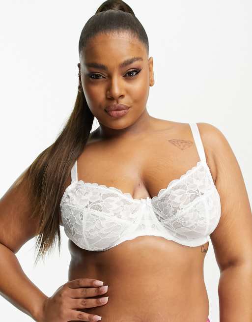 Plus Size White Lace Padded Underwired Plunge Bra