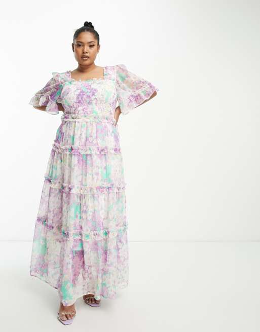 Simply Be - Lagdelt maxikjole med lilla blomstermønster i chiffon - Kun hos ASOS
