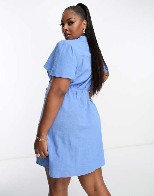 Simply Be linen look shirt dress with knot side detail in blue ASOS