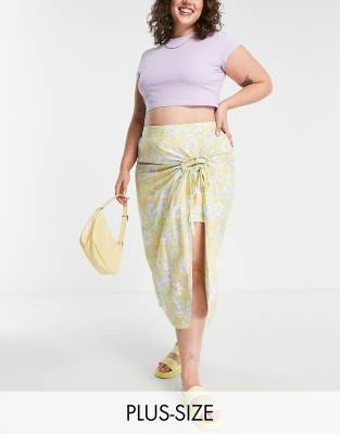 Simply Be Linen Wrap Midi Skirt In Yellow Floral-multi In Multi