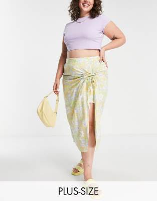 Simply Be Linen Wrap Midi Skirt In Yellow Floral-multi