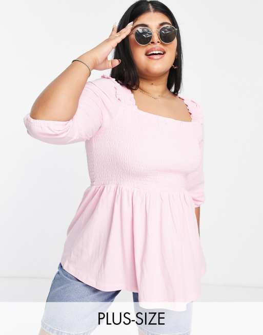 Simply Be – Ljusrosa smockad peplum-topp