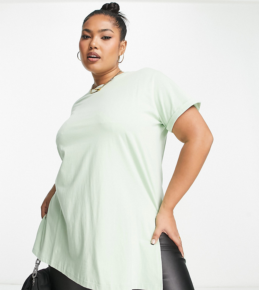 Simply Be long line split front t shirt in sage green