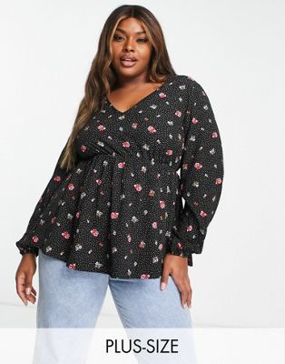 Simply Be Long Sleeve Blouse With Peplum Hem In Black Ditsy Floral