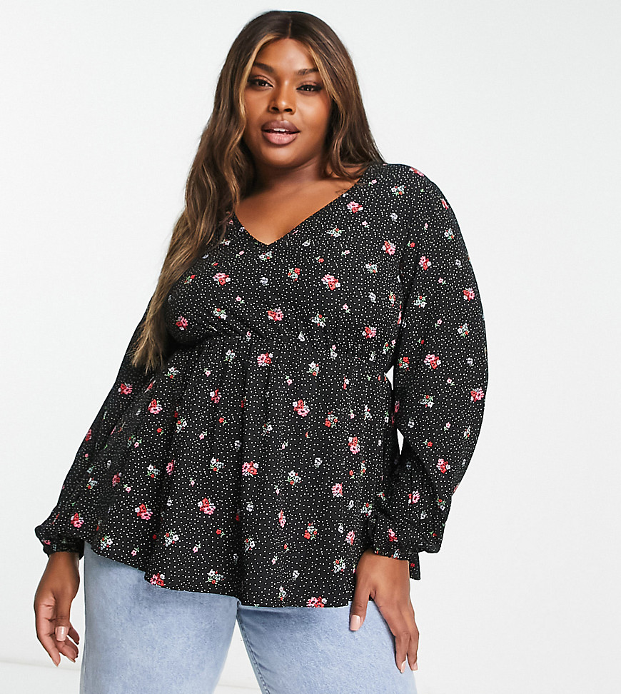 Simply Be Long Sleeve Blouse With Peplum Hem In Black Ditsy Floral