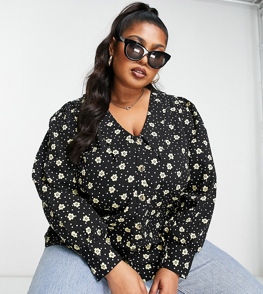 Simply Be long sleeve collared blouse in black floral