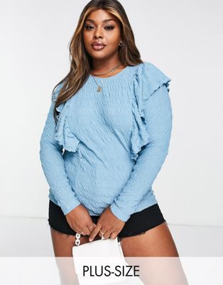 Simply Be Long Sleeve Frill Top In Teal-green