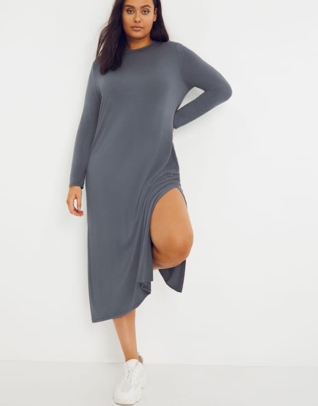 Simply Be long sleeve midi dress with side slit in charcoal