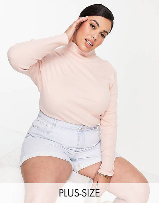 Simply Be long sleeve ribbed top in blush