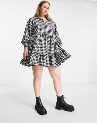 Simply be long sleeve smock dress with collar in gingham