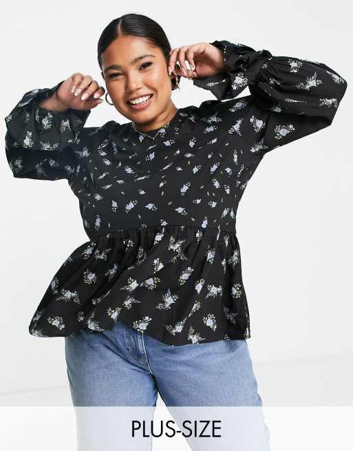 Simply Be long sleeve smock top with frill cuff detail in black floral