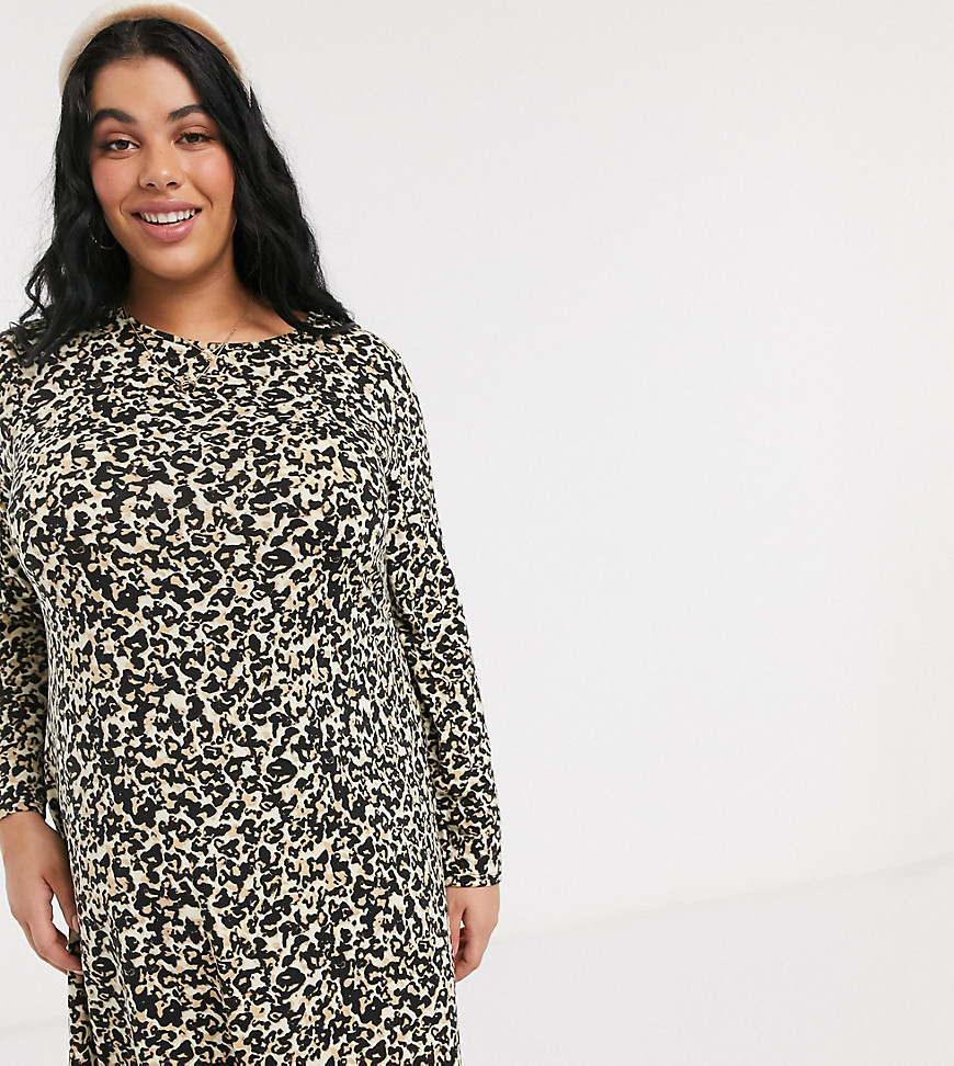 Simply Be long sleeve swing dress in leopard print-Multi