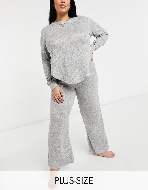 Simply Be long sleeve t-shirt and flared trouser pyjama set in grey