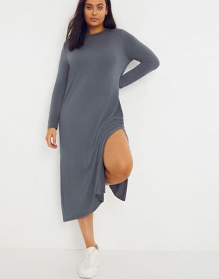 Simply Be long sleeved midi dress with side split in charcoal