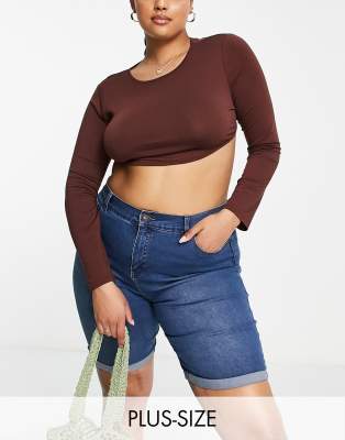 Simply Be Simply Be longline denim shorts in mid blue