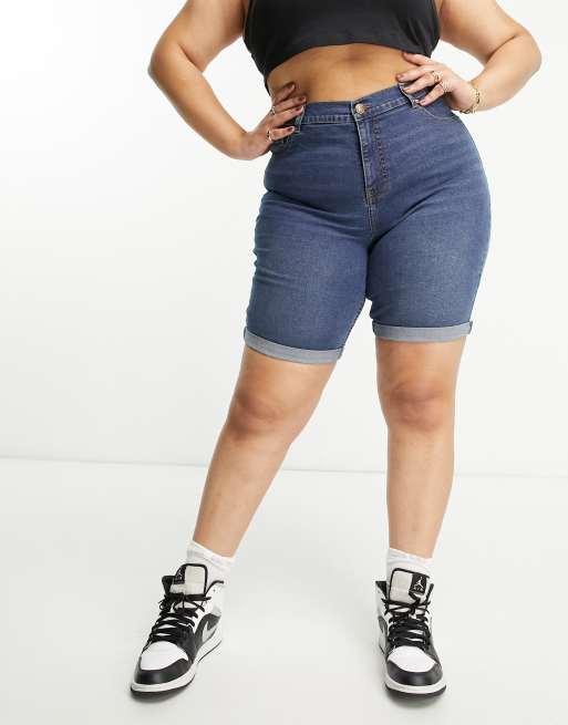 Mid Blue Wash Longline Fitted Denim Shorts