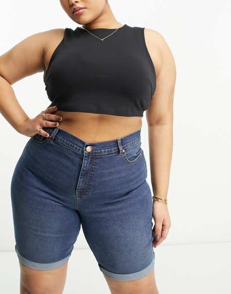 Simply Be - Longline-denimshorts i vintage mellemblå vask - view 1