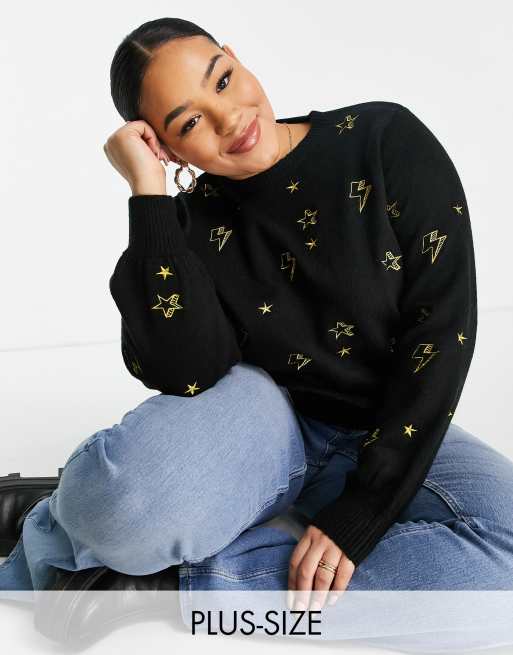 Simply Be - Maglione con ricamo con fulmini, colore nero