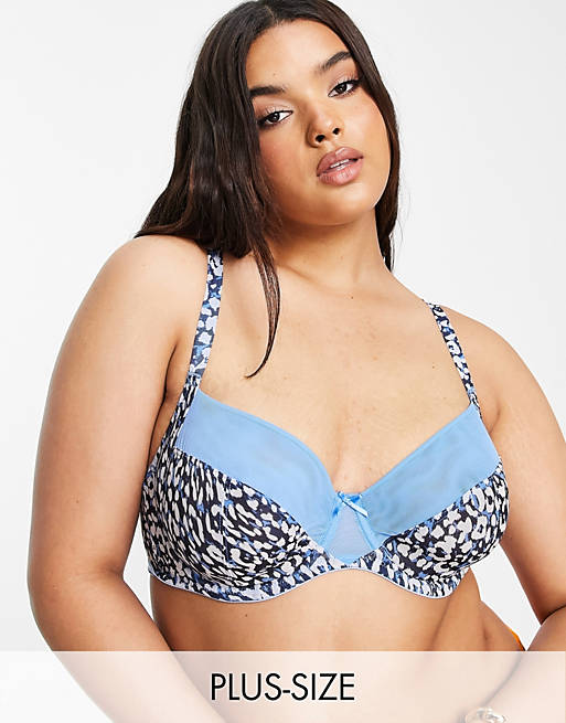 Simply Be mesh animal balcony bra in blue and pink