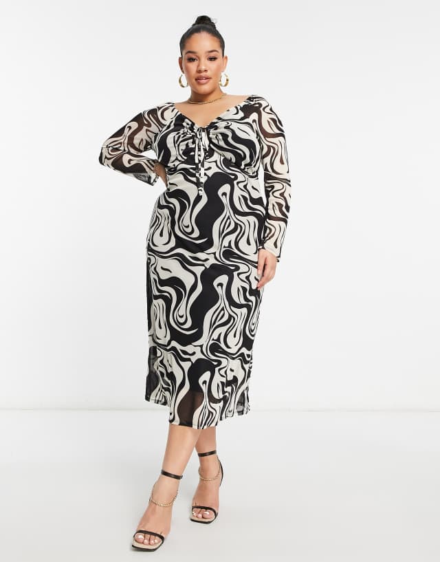 Simply Be mesh tie front midi dress in mono swirl print