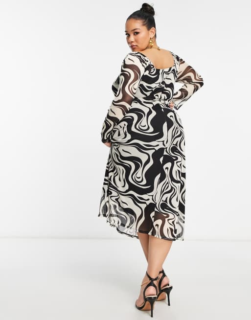 swirl print mesh tie dress Pretty Little Thing Petite Swirl Print Mesh Flared Sleeve Tie Waist Dress  Size 4