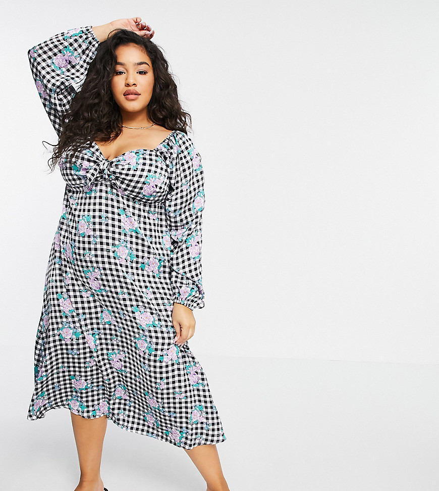 Simply Be midi dress with knot front detail in gingham floral-Multi