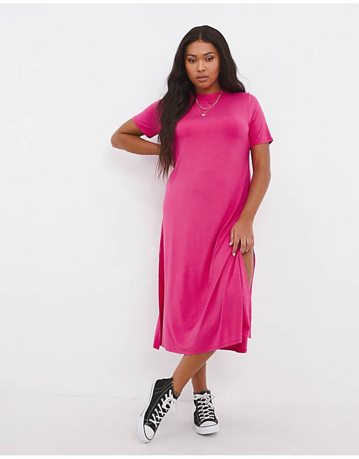 Simply Be midi dress with side splits in pink | ASOS