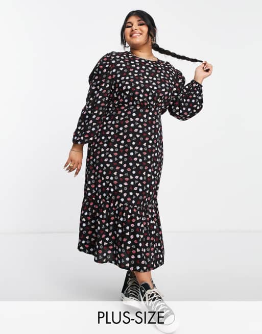 Simply Be - Midi-jurk met gerimpelde mouwen en stroken in zwart met bloemenprint