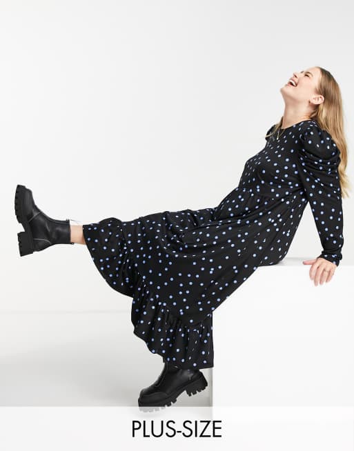 Simply Be - Midi-jurk met gerimpelde mouwen in zwart met stippenprint