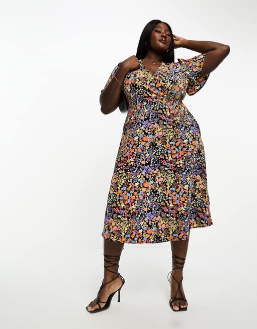 Simply Be - Midi jurk met overslag en pofmouwen in gemengde bloemenprint