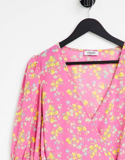 Simply Be - Midi jurk met overslag in roze bloemenprint, 3 van 4