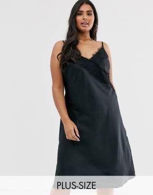 Plus Black Satin Lace Trim Slip Dress