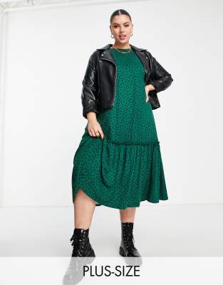 Simply Be midi smock dress with tiered hem in green polka dot