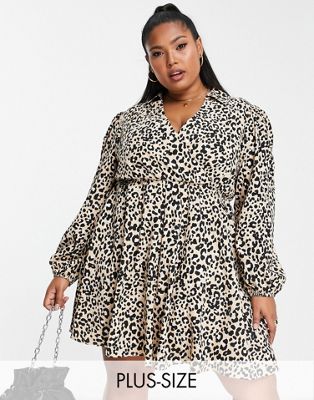 Simply Be mini shirt dress in leopard print-Brown